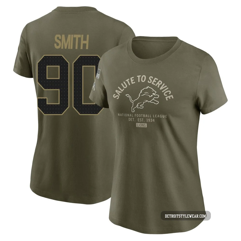 Chris Smith Detroit Lions ＃90 Women's Olive 2025 Salute to Service Sideline T-Shirt