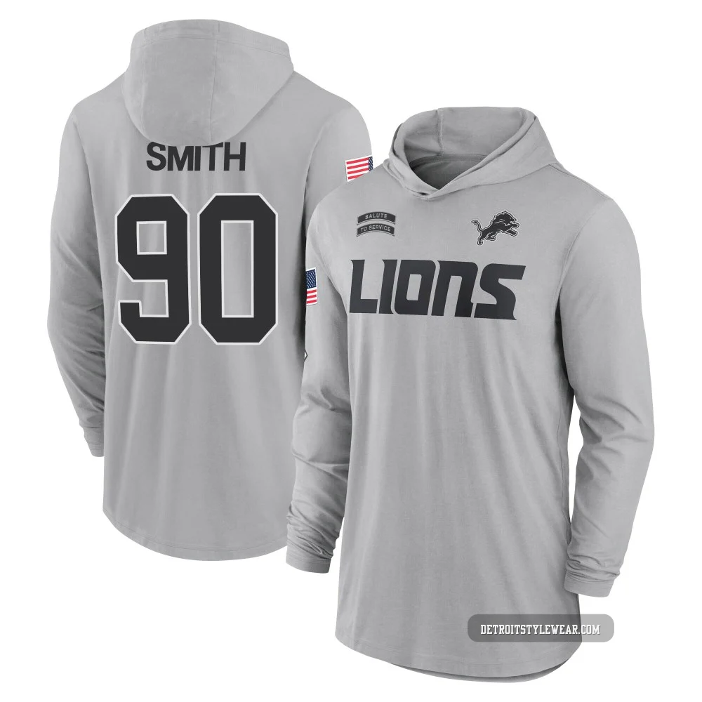 Chris Smith Detroit Lions ＃90 Youth Gray 2024 Salute to Service Lightweight Performance Long Sleeve Hooded T-Shirt