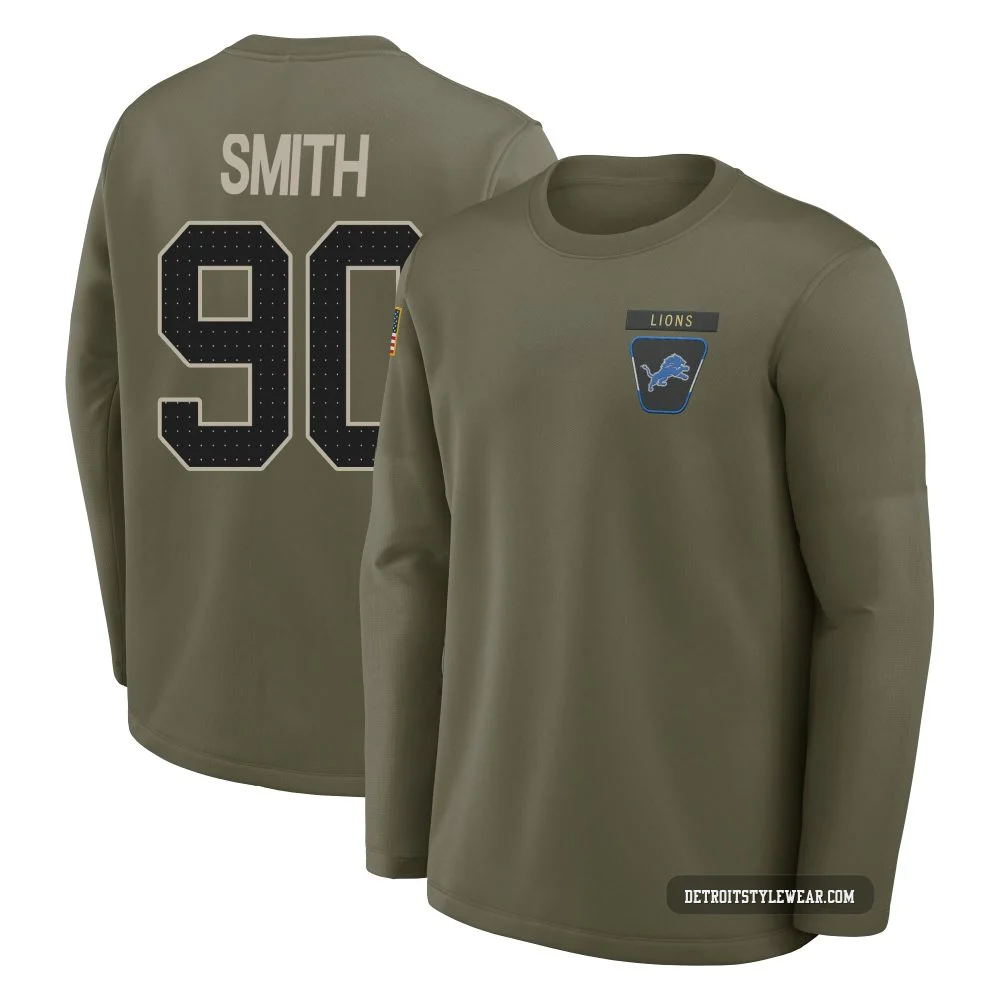 Chris Smith Detroit Lions ＃90 Youth Olive 2025 Salute to Service Sideline Coaches Long Sleeve T-Shirt