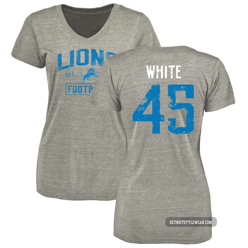 Devin White Detroit Lions ＃45 Women's Gray Heather Distressed Name & Number Tri-Blend V-Neck T-Shirt
