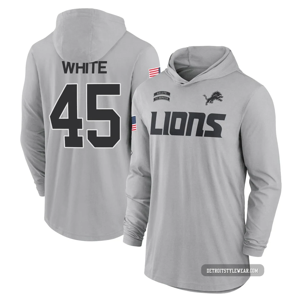 Devin White Detroit Lions ＃45 Youth Gray 2024 Salute to Service Lightweight Performance Long Sleeve Hooded T-Shirt