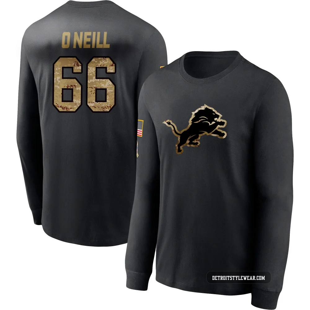 Eric O'Neill Detroit Lions ＃66 Men's Black 2020 Salute To Service Sideline Performance Long Sleeve T-Shirt