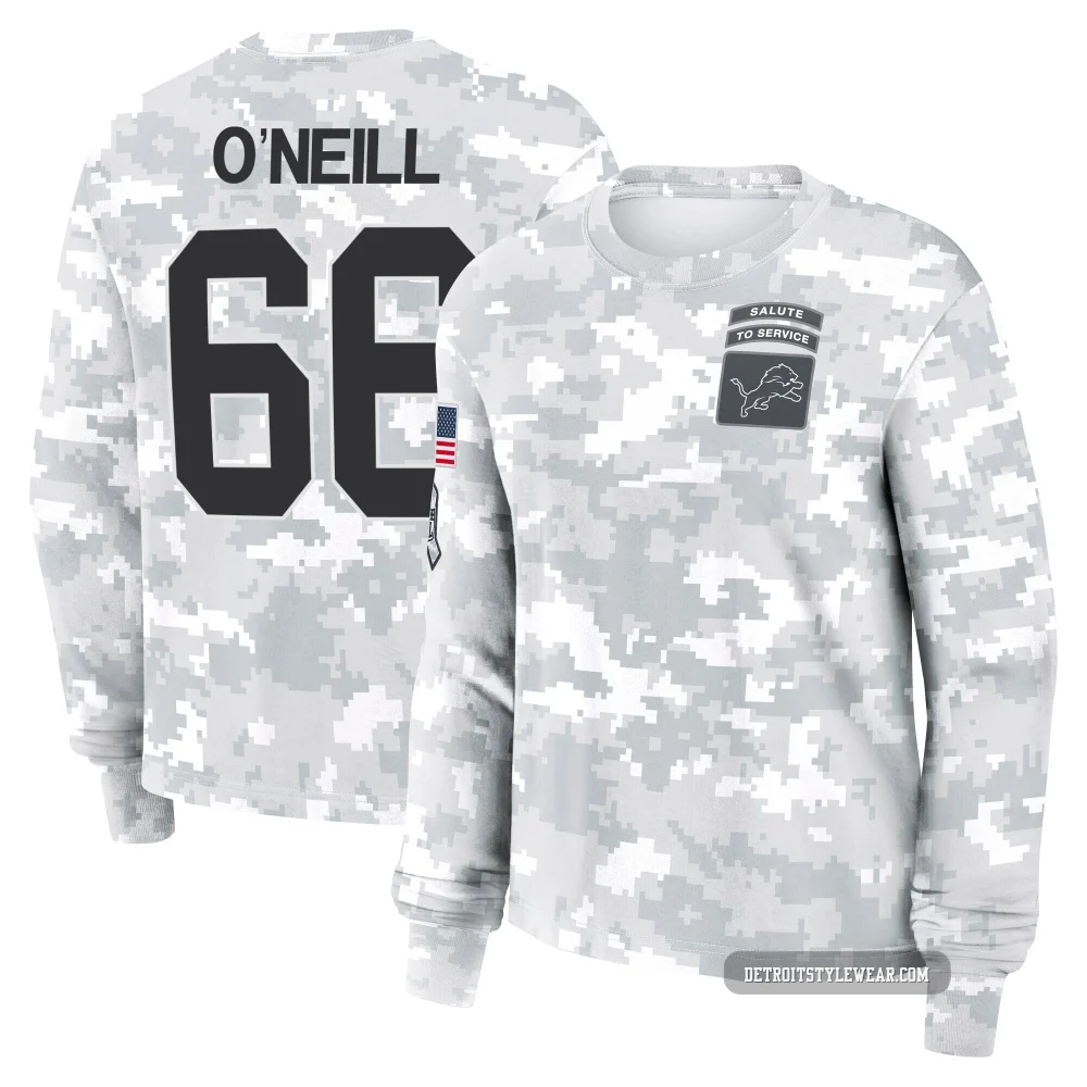 Eric O'Neill Detroit Lions ＃66 Women's Arctic Camo 2024 Salute to Service Long Sleeve T-Shirt