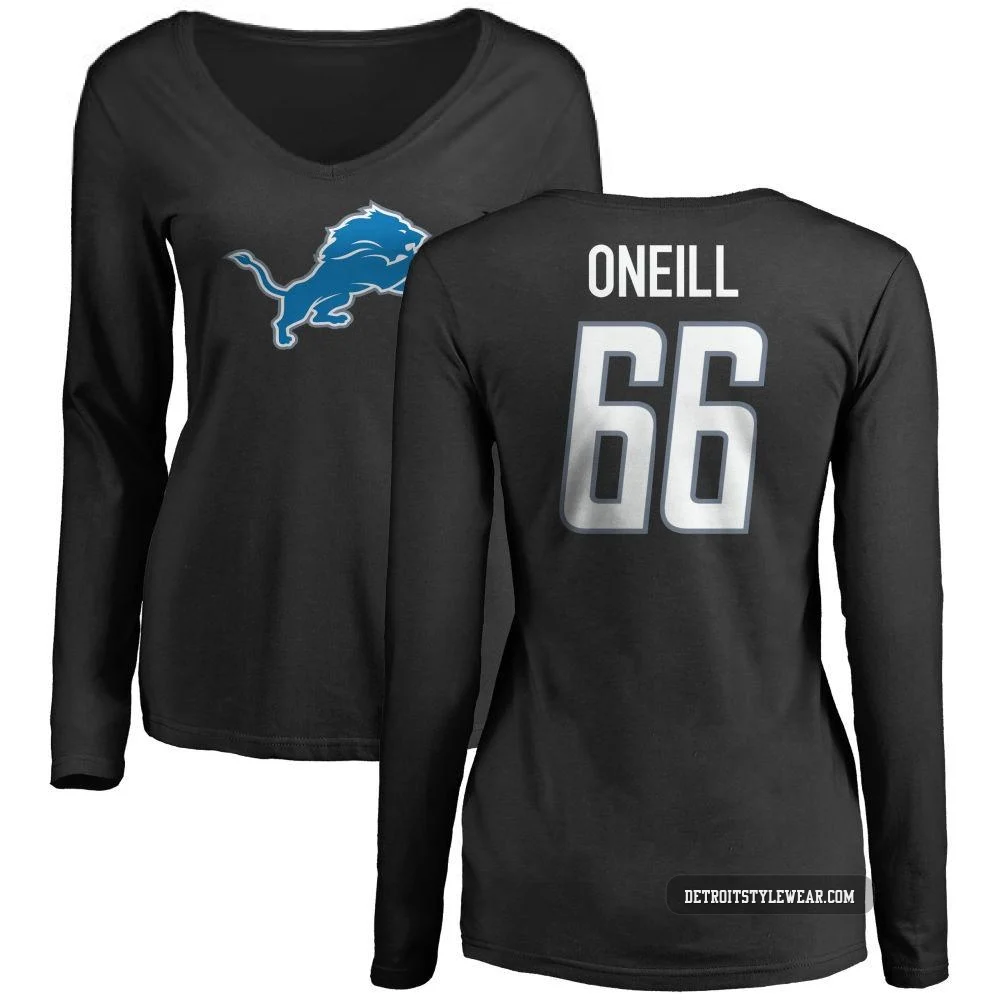 Eric O'Neill Detroit Lions ＃66 Women's Black Pro Line Name & Number Logo Slim Fit Long Sleeve T-Shirt -