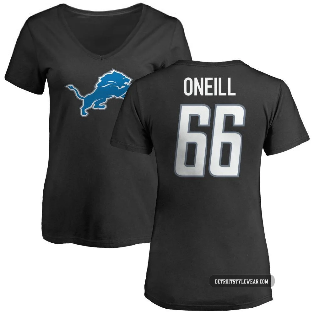 Eric O'Neill Detroit Lions ＃66 Women's Black Pro Line Name & Number Logo Slim Fit T-Shirt -