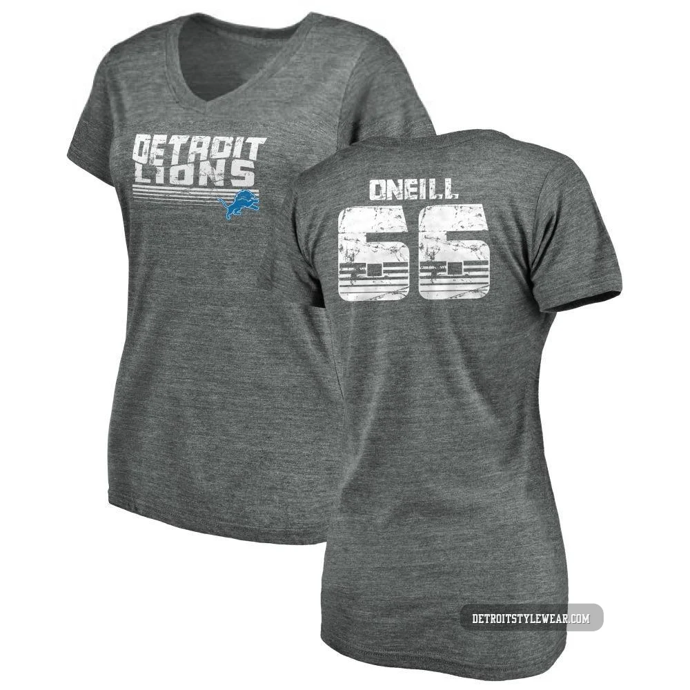 Eric O'Neill Detroit Lions ＃66 Women's Gray Pro Line by Retro Tri-Blend V-Neck T-Shirt - Heathered