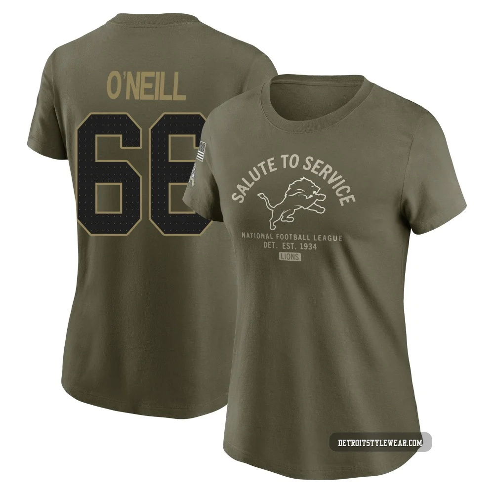 Eric O'Neill Detroit Lions ＃66 Women's Olive 2025 Salute to Service Sideline T-Shirt