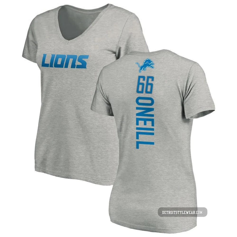 Eric O'Neill Detroit Lions ＃66 Women's Pro Line Backer V-Neck T-Shirt - Ash