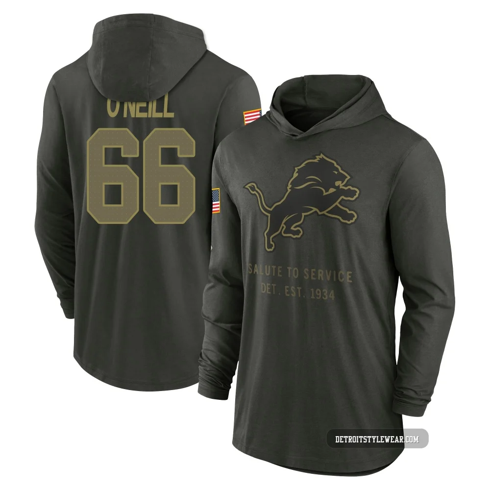 Eric O'Neill Detroit Lions ＃66 Youth Forest/Green 2025 Salute to Service Sideline Lightweight Hooded Pullover Long Sleeve T-Shir