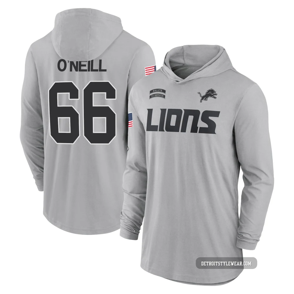 Eric O'Neill Detroit Lions ＃66 Youth Gray 2024 Salute to Service Lightweight Performance Long Sleeve Hooded T-Shirt