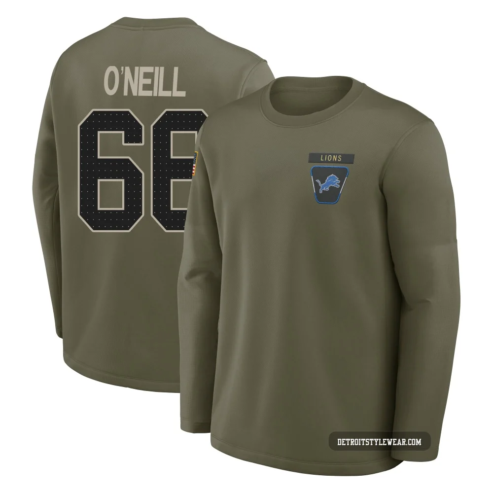 Eric O'Neill Detroit Lions ＃66 Youth Olive 2025 Salute to Service Sideline Coaches Long Sleeve T-Shirt