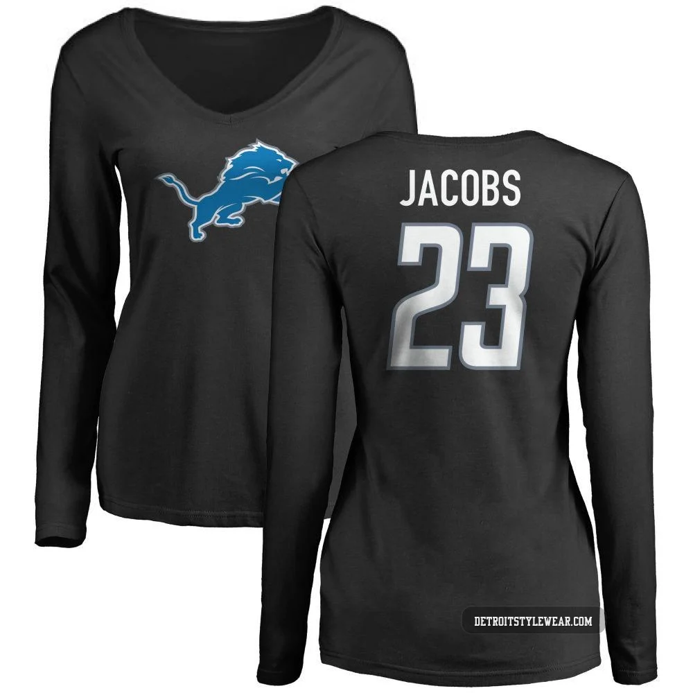 Jerry Jacobs Detroit Lions ＃23 Women's Black Pro Line Name & Number Logo Slim Fit Long Sleeve T-Shirt -