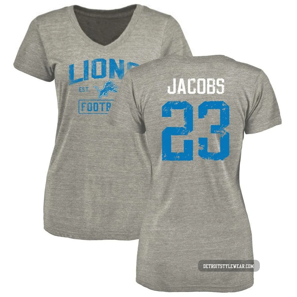 Jerry Jacobs Detroit Lions ＃23 Women's Gray Heather Distressed Name & Number Tri-Blend V-Neck T-Shirt