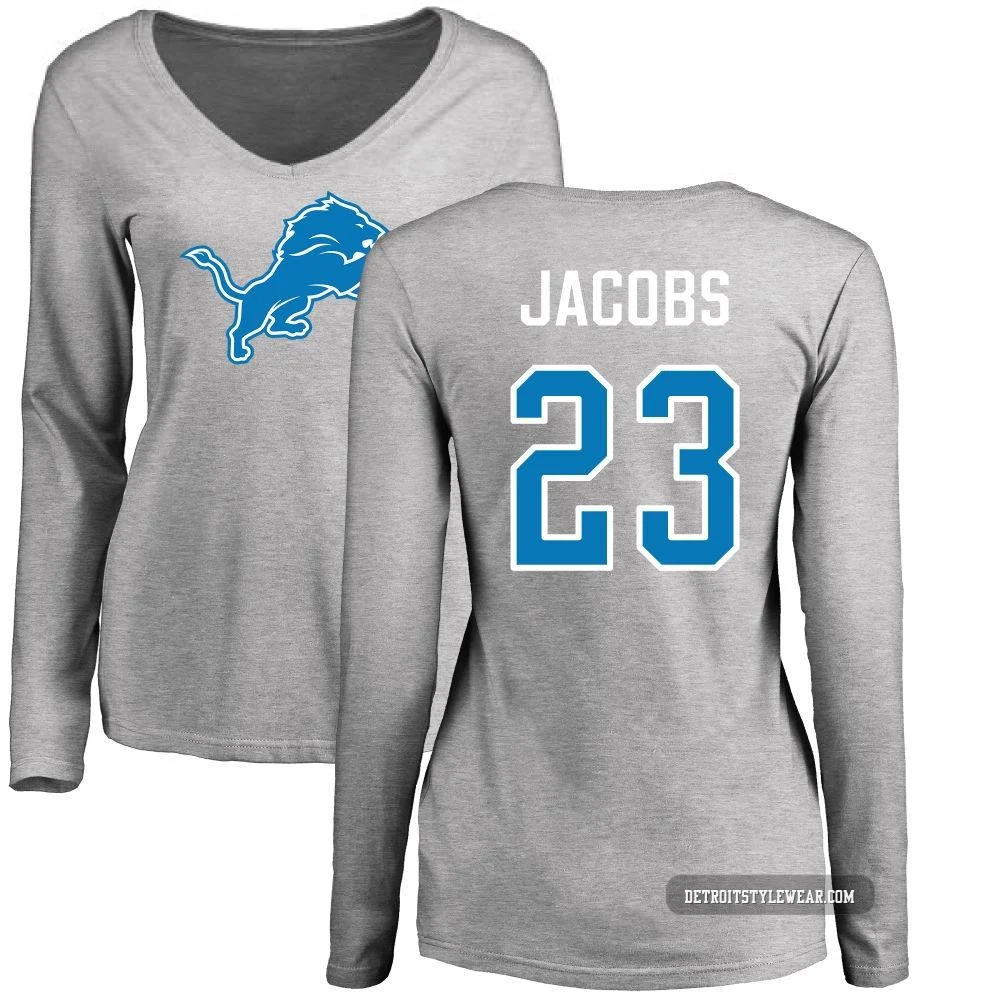 Jerry Jacobs Detroit Lions ＃23 Women's Pro Line Name & Number Logo Slim Fit Long Sleeve T-Shirt - Ash