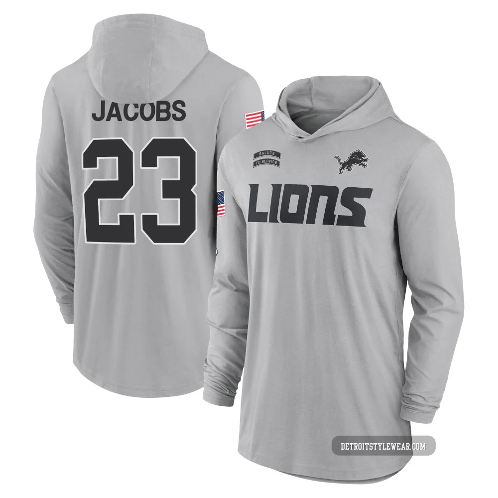 Jerry Jacobs Detroit Lions ＃23 Youth Gray 2024 Salute to Service Lightweight Performance Long Sleeve Hooded T-Shirt