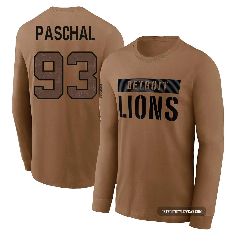 Josh Paschal Detroit Lions ＃93 Youth Brown 2023 Salute To Service Long Sleeve T-Shirt