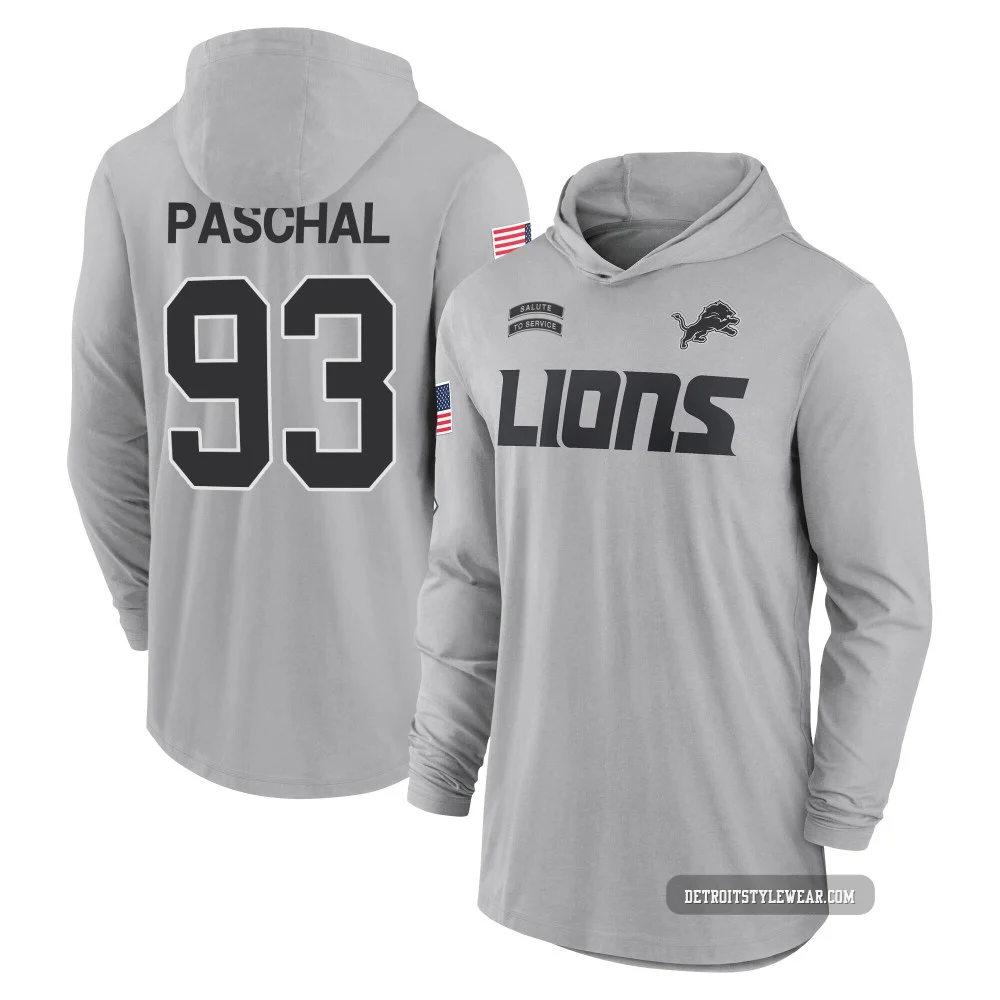 Josh Paschal Detroit Lions ＃93 Youth Gray 2024 Salute to Service Lightweight Performance Long Sleeve Hooded T-Shirt