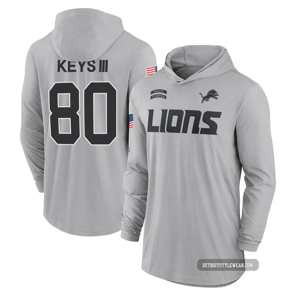 Lawrence Keys III Detroit Lions ＃80 Youth Gray 2024 Salute to Service Lightweight Performance Long Sleeve Hooded T-Shirt