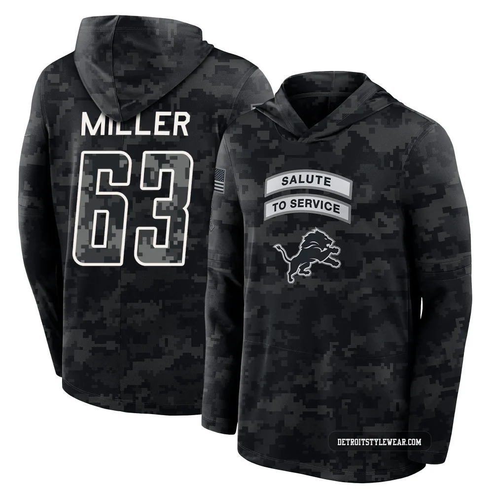 Mason Miller Detroit Lions ＃63 Men's Black 2026 Salute to Service Sideline Lightweight Hooded Long Sleeve T-Shirt