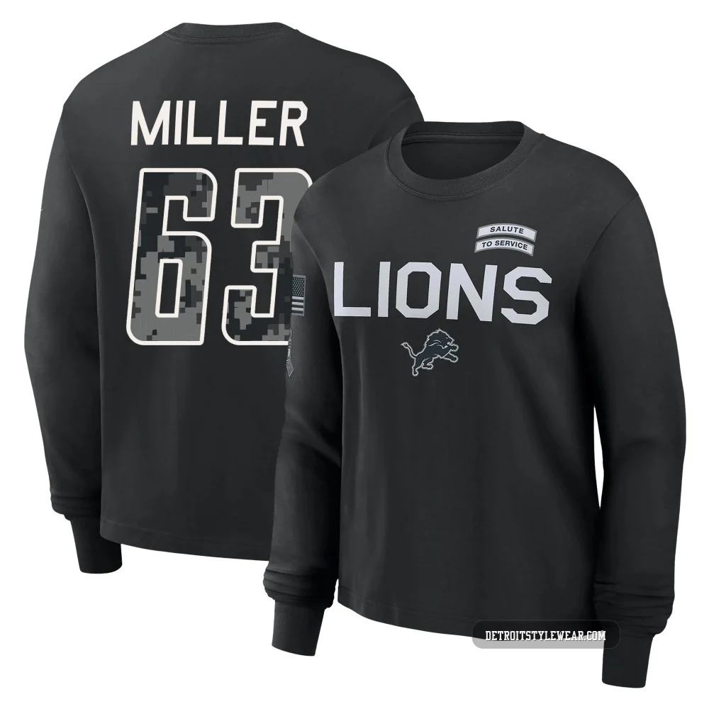 Mason Miller Detroit Lions ＃63 Women's Black 2026 Salute to Service Sideline Long Sleeve T-Shirt