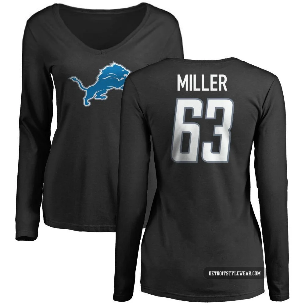 Mason Miller Detroit Lions ＃63 Women's Black Pro Line Name & Number Logo Slim Fit Long Sleeve T-Shirt -