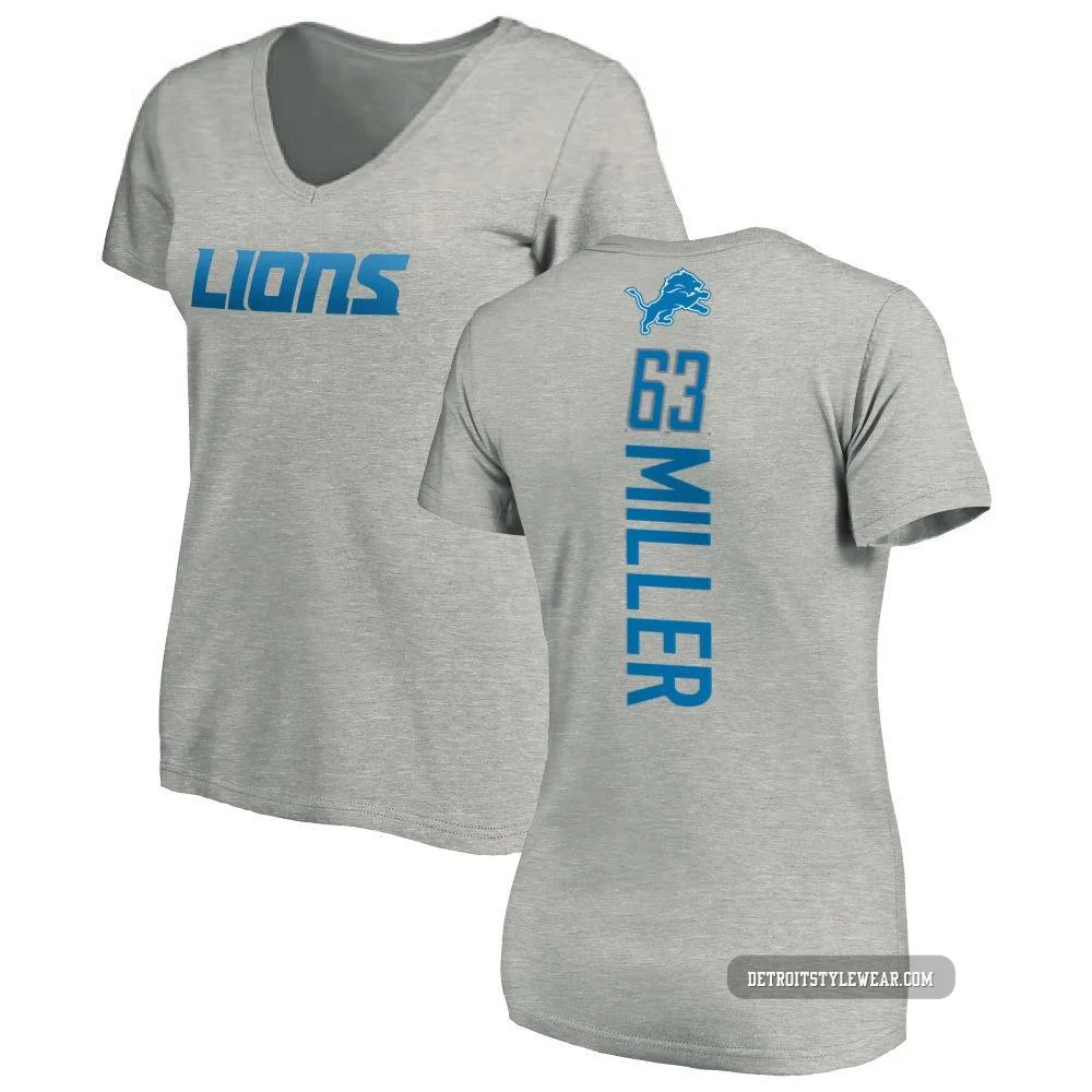 Mason Miller Detroit Lions ＃63 Women's Pro Line Backer V-Neck T-Shirt - Ash