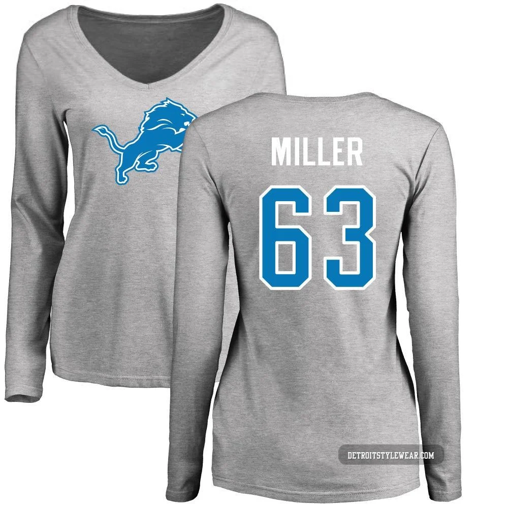 Mason Miller Detroit Lions ＃63 Women's Pro Line Name & Number Logo Slim Fit Long Sleeve T-Shirt - Ash
