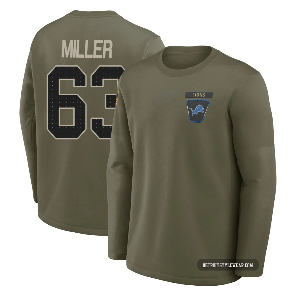 Mason Miller Detroit Lions ＃63 Youth Olive 2025 Salute to Service Sideline Coaches Long Sleeve T-Shirt