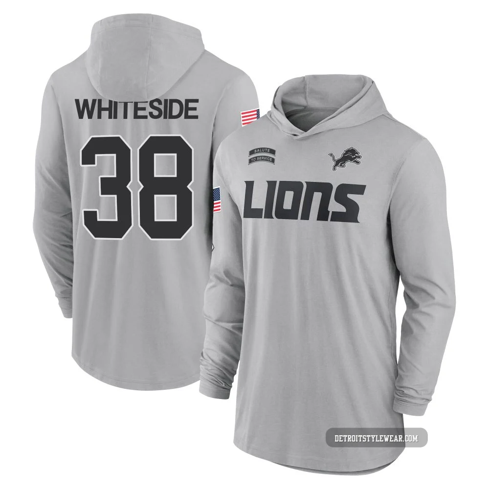 Nick Whiteside Detroit Lions ＃38 Men's Gray 2024 Salute to Service Lightweight Performance Long Sleeve Hooded T-Shirt