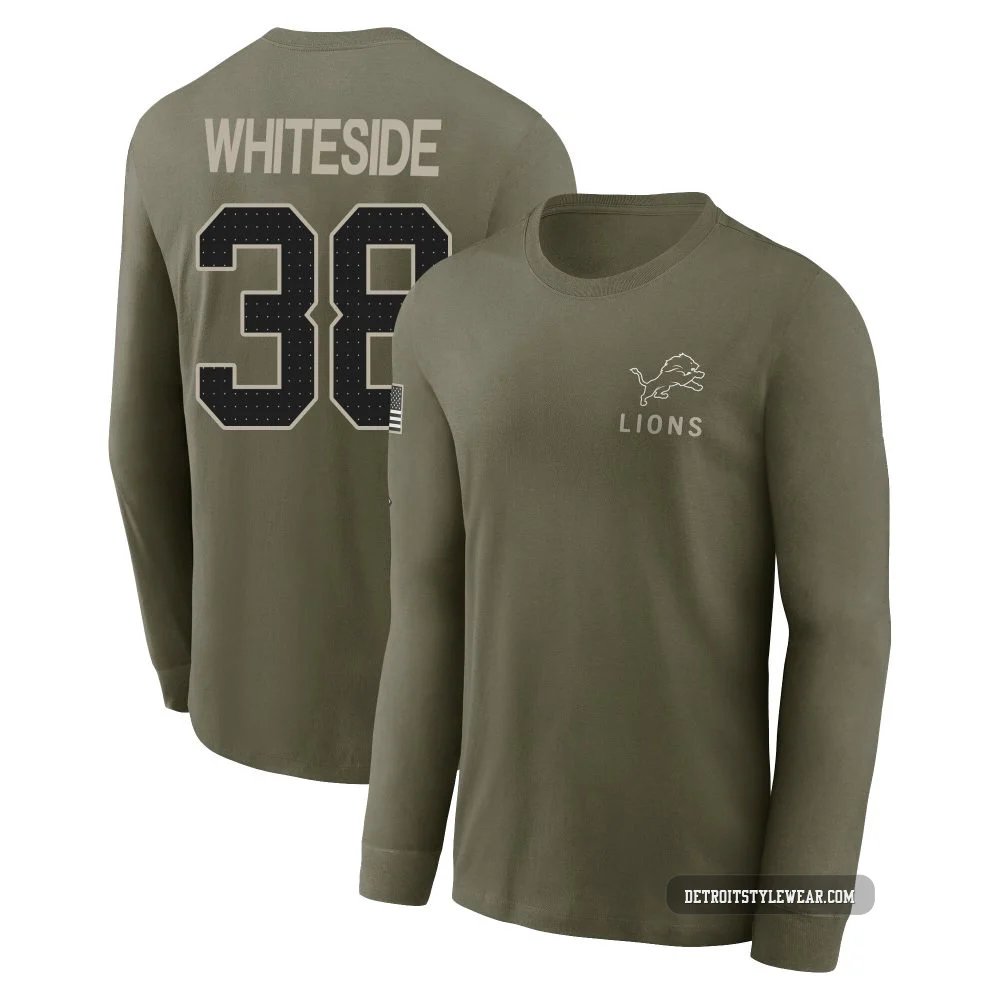 Nick Whiteside Detroit Lions ＃38 Men's Olive 2025 Salute to Service Sideline Long Sleeve T-Shirt