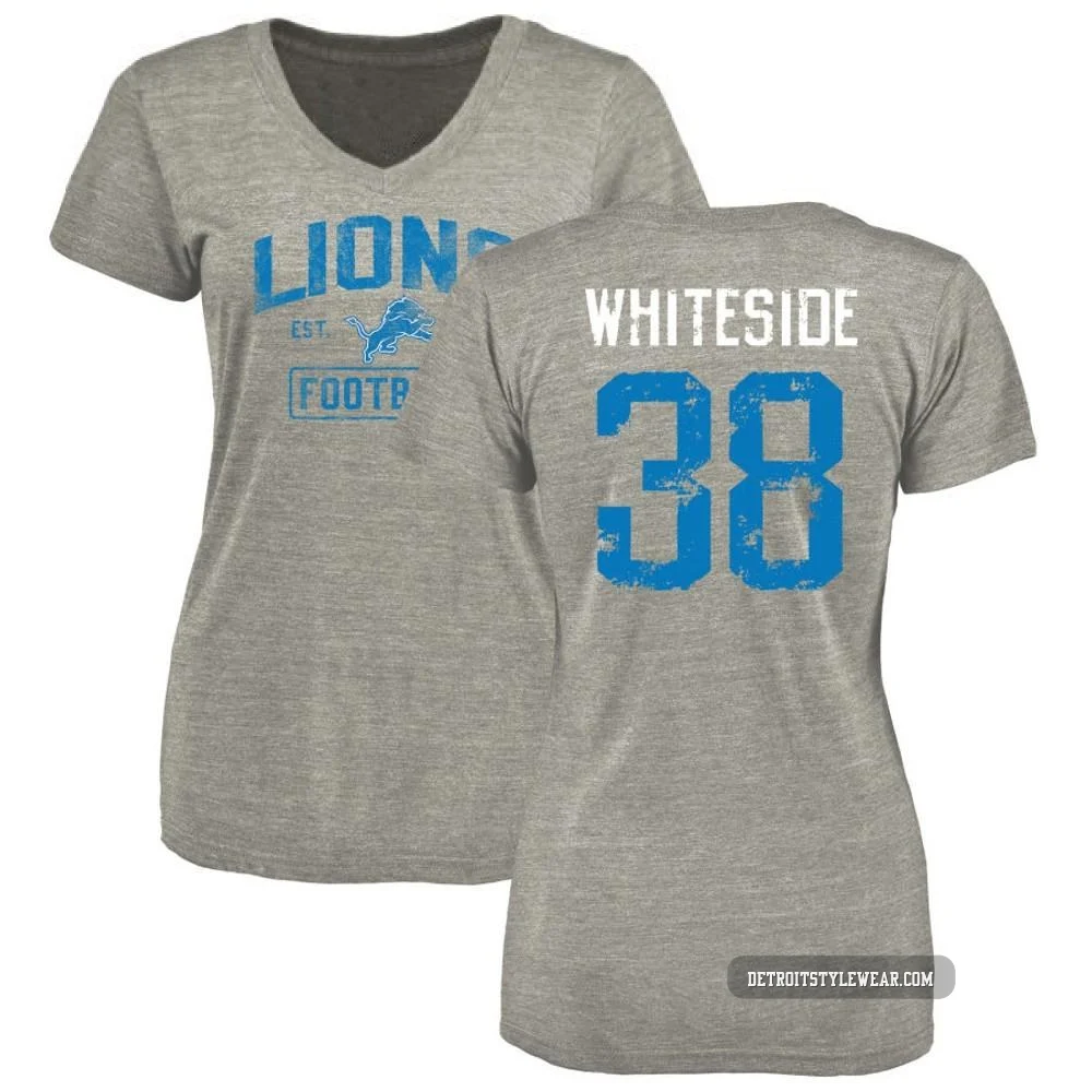 Nick Whiteside Detroit Lions ＃38 Women's Gray Heather Distressed Name & Number Tri-Blend V-Neck T-Shirt