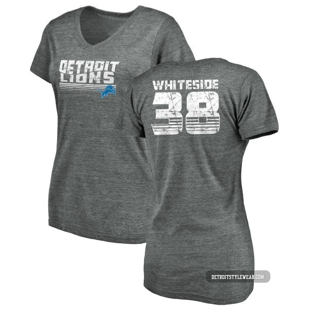 Nick Whiteside Detroit Lions ＃38 Women's Gray Pro Line by Retro Tri-Blend V-Neck T-Shirt - Heathered