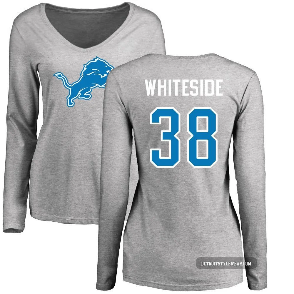Nick Whiteside Detroit Lions ＃38 Women's Pro Line Name & Number Logo Slim Fit Long Sleeve T-Shirt - Ash