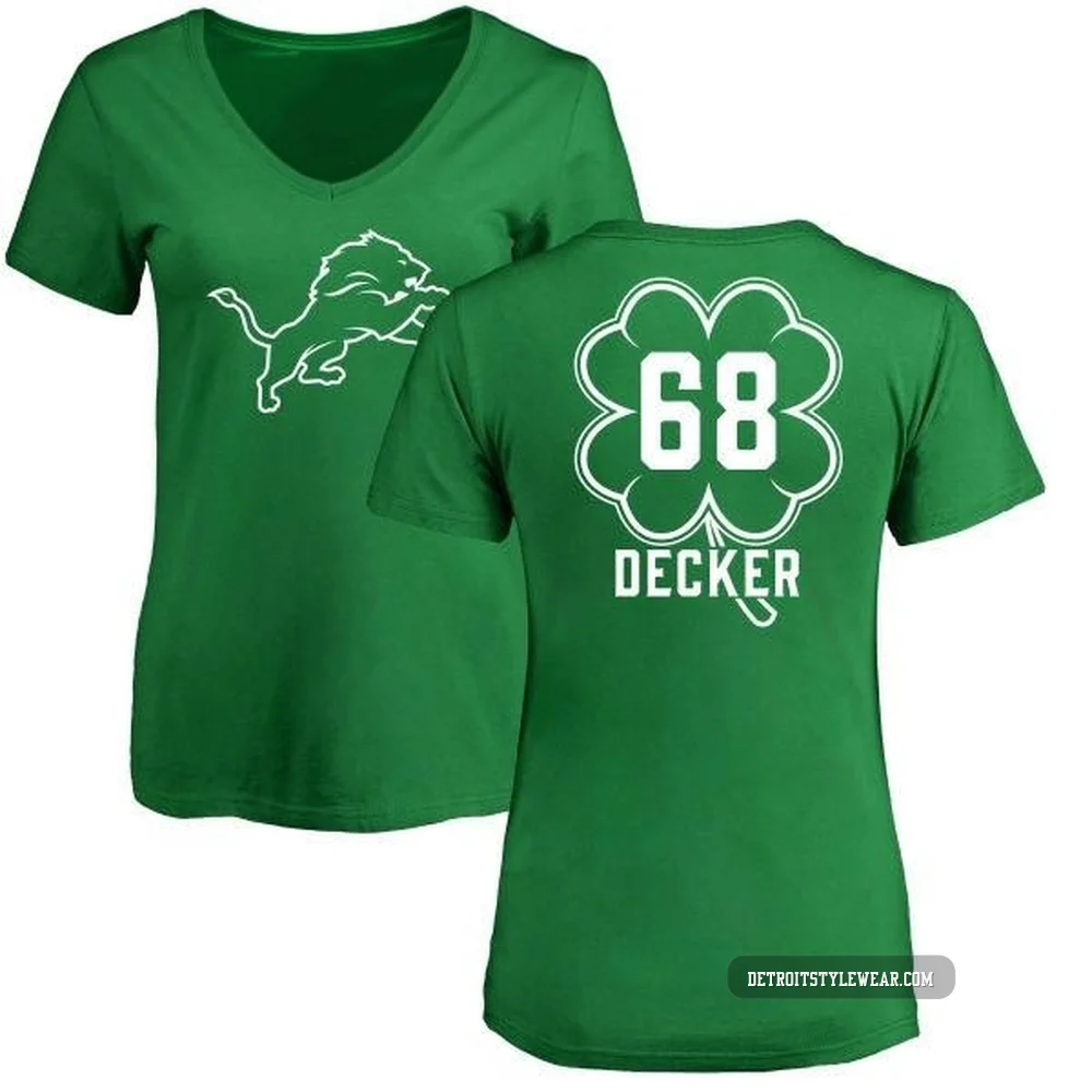 Taylor Decker Detroit Lions ＃68 Women's Green St. Patrick's Day Name & Number V-Neck T-Shirt