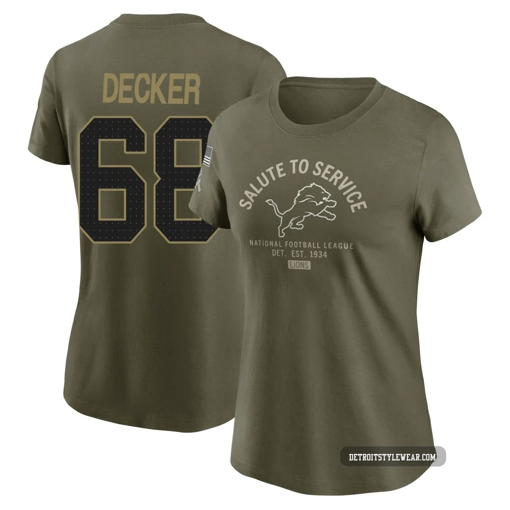 Taylor Decker Detroit Lions ＃68 Women's Olive 2025 Salute to Service Sideline T-Shirt