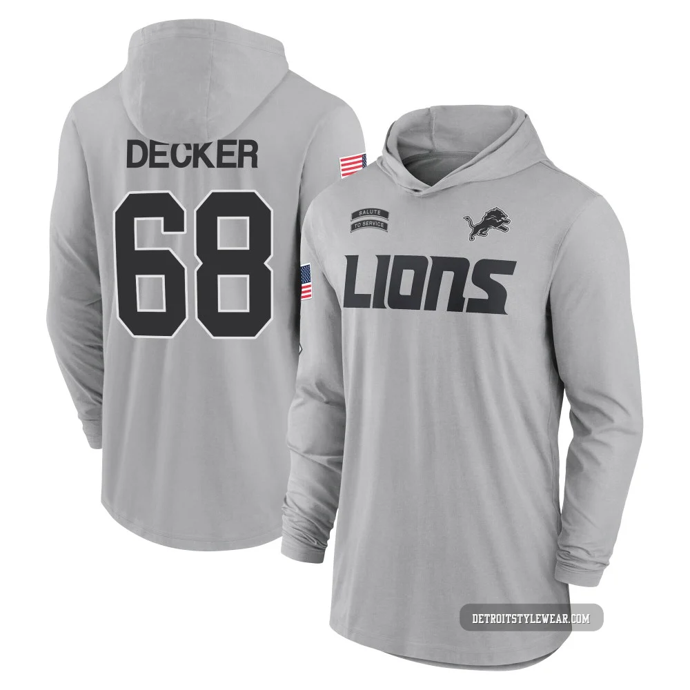 Taylor Decker Detroit Lions ＃68 Youth Gray 2024 Salute to Service Lightweight Performance Long Sleeve Hooded T-Shirt