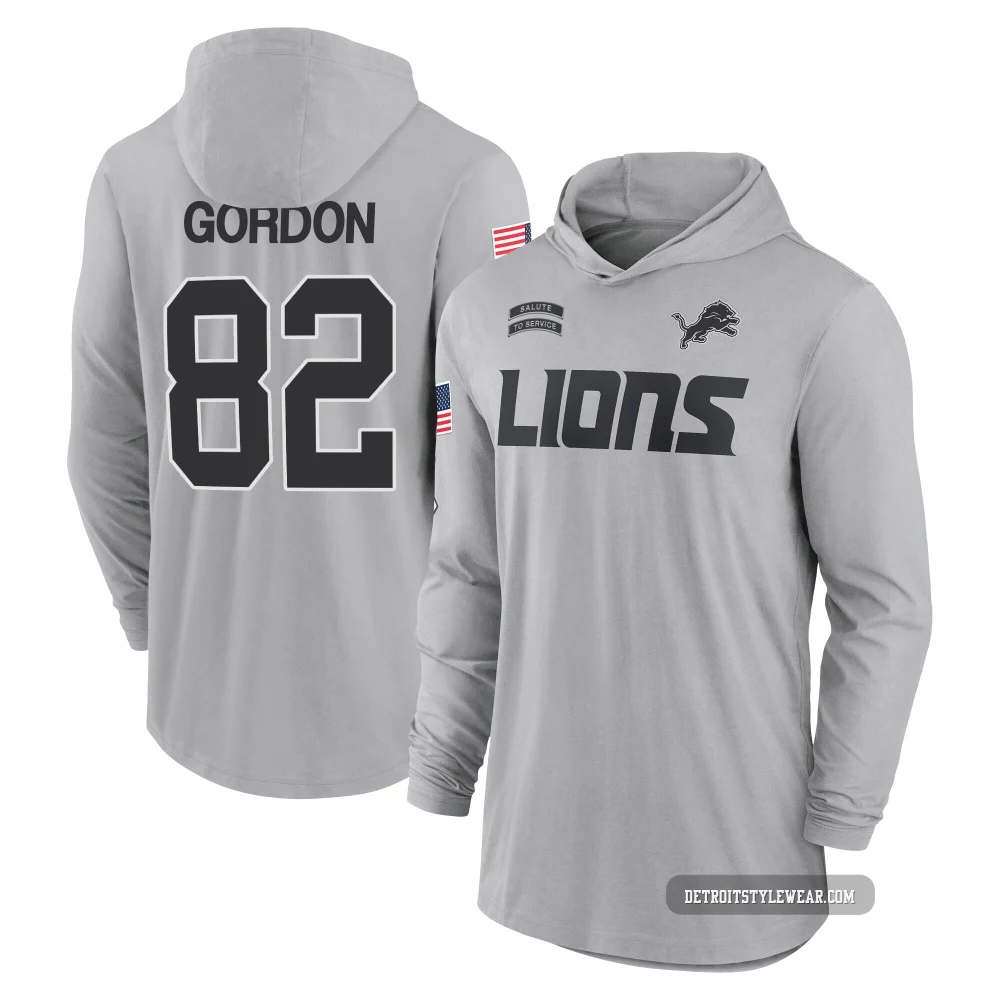Thomas Gordon Detroit Lions ＃82 Men's Gray 2024 Salute to Service Lightweight Performance Long Sleeve Hooded T-Shirt