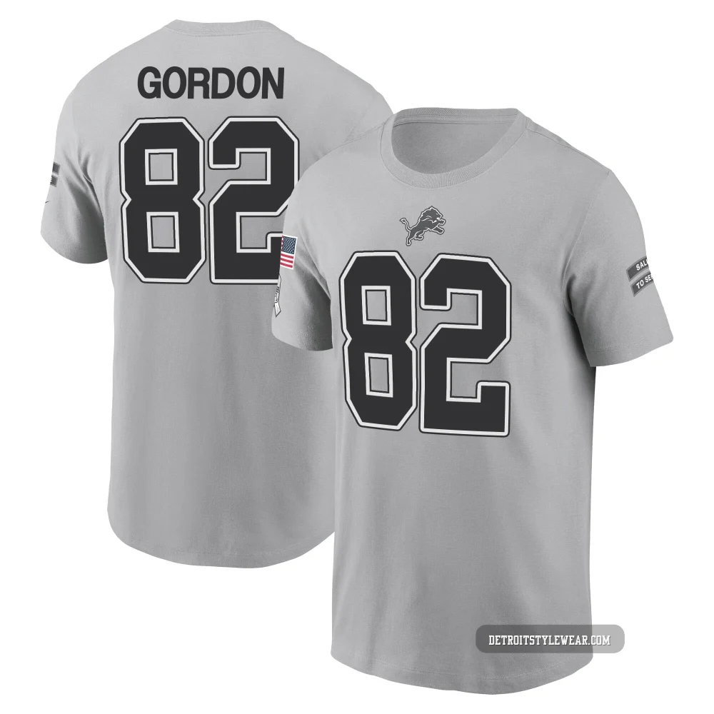 Thomas Gordon Detroit Lions ＃82 Men's Gray 2024 Salute to Service Name & Number T-Shirt