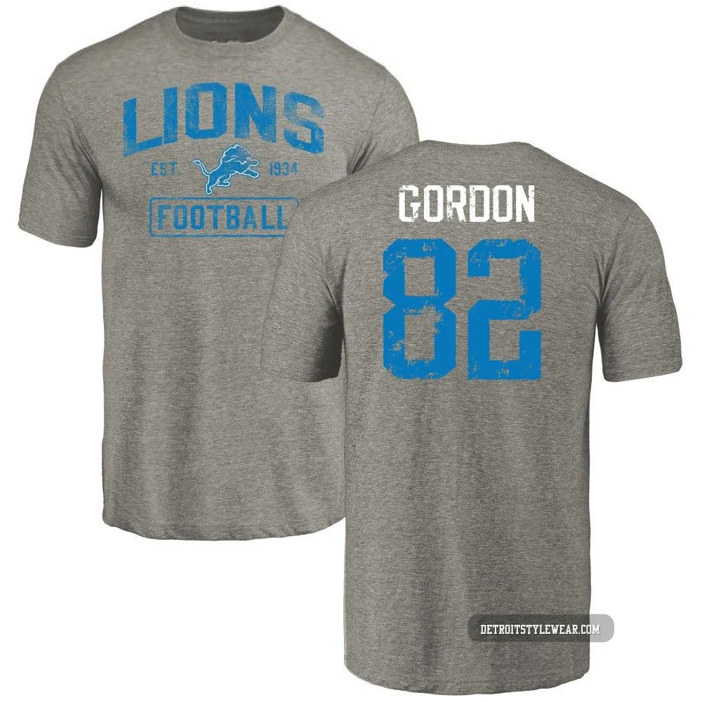 Thomas Gordon Detroit Lions ＃82 Men's Gray Distressed Name & Number Tri-Blend T-Shirt