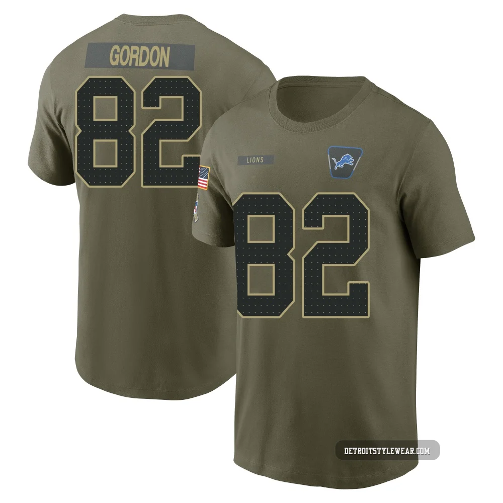 Thomas Gordon Detroit Lions ＃82 Men's Olive 2025 Salute to Service Name & Number T-Shirt