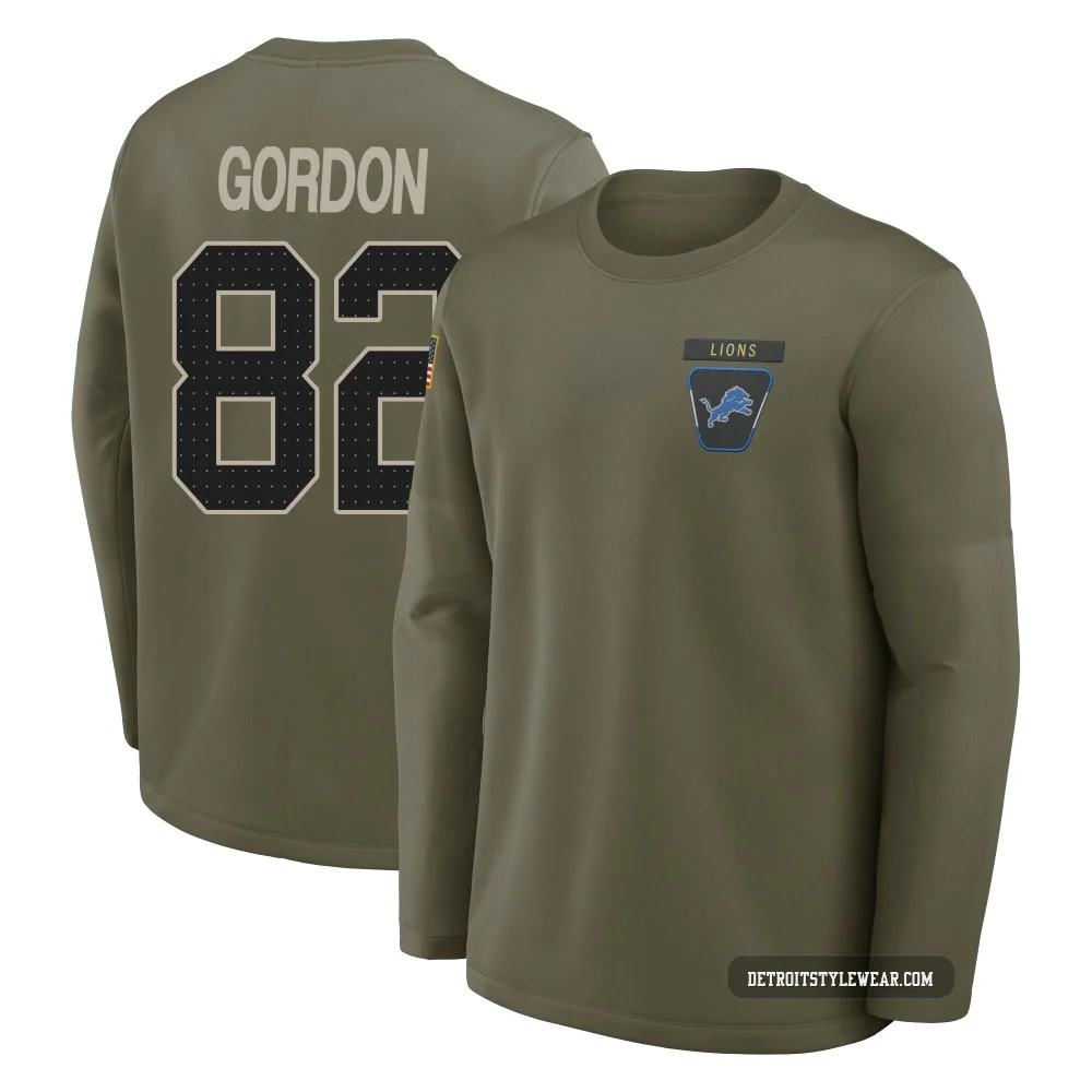 Thomas Gordon Detroit Lions ＃82 Men's Olive 2025 Salute to Service Sideline Coaches Long Sleeve T-Shirt