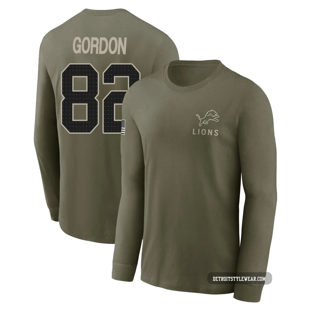 Thomas Gordon Detroit Lions ＃82 Men's Olive 2025 Salute to Service Sideline Long Sleeve T-Shirt