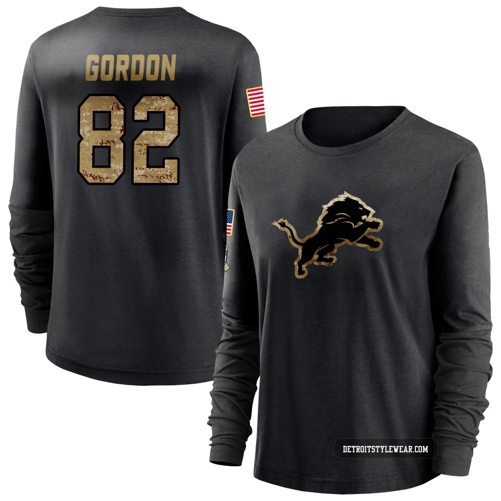 Thomas Gordon Detroit Lions ＃82 Women's Black 2020 Salute To Service Sideline Performance Long Sleeve T-Shirt