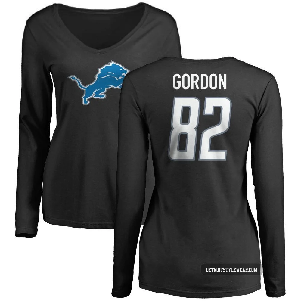 Thomas Gordon Detroit Lions ＃82 Women's Black Pro Line Name & Number Logo Slim Fit Long Sleeve T-Shirt -