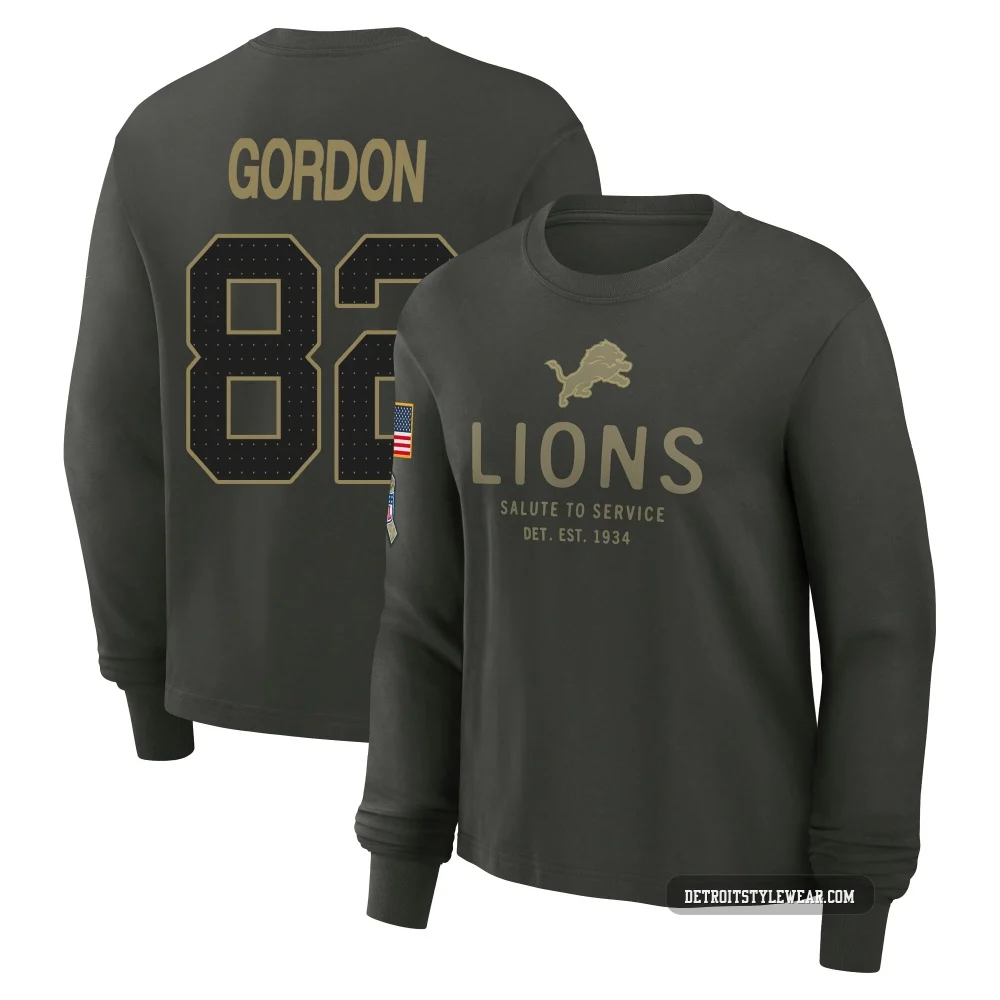 Thomas Gordon Detroit Lions ＃82 Women's Dark/Green 2025 Salute to Service Sideline Long Sleeve T-Shirt