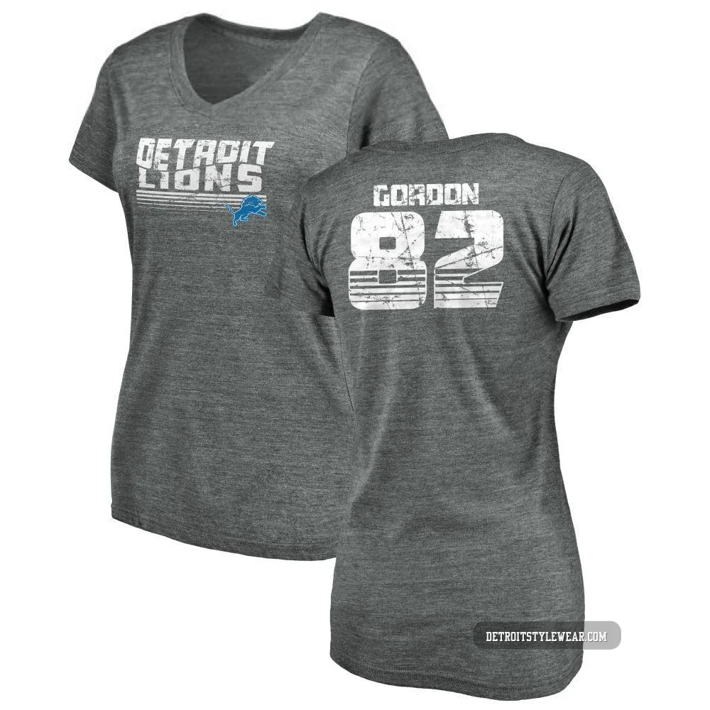 Thomas Gordon Detroit Lions ＃82 Women's Gray Pro Line by Retro Tri-Blend V-Neck T-Shirt - Heathered