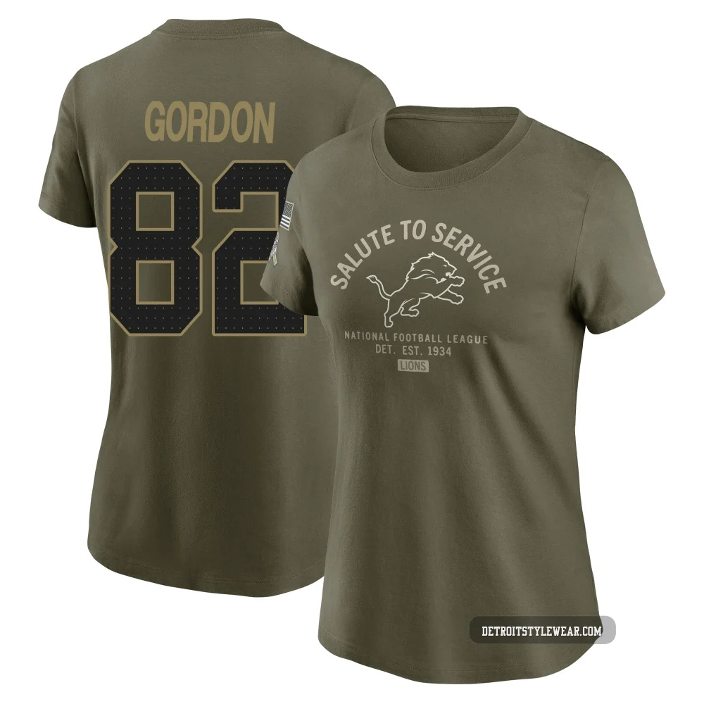 Thomas Gordon Detroit Lions ＃82 Women's Olive 2025 Salute to Service Sideline T-Shirt