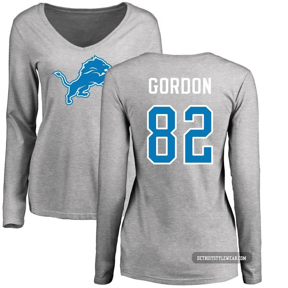 Thomas Gordon Detroit Lions ＃82 Women's Pro Line Name & Number Logo Slim Fit Long Sleeve T-Shirt - Ash