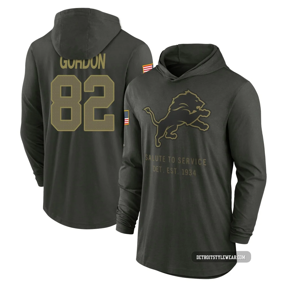 Thomas Gordon Detroit Lions ＃82 Youth Forest/Green 2025 Salute to Service Sideline Lightweight Hooded Pullover Long Sleeve T-Shi